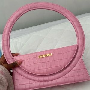 Jacquemus Pink Croc-Embossed Round Handle Bag with Gold Logo